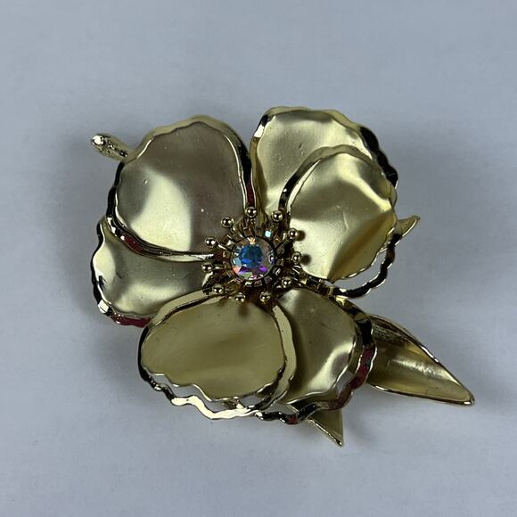 Vintage Brooch Pin Big Gold Tone Flower Blossom Aurora Borealis 3.5” - Picture 5 of 5